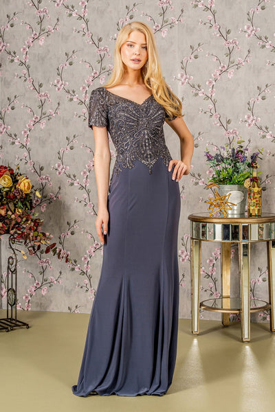 Fitted Embroidered Short Sleeve Gown by GLS Gloria GL3361 - S / Charcoal - Long Formal Dresses