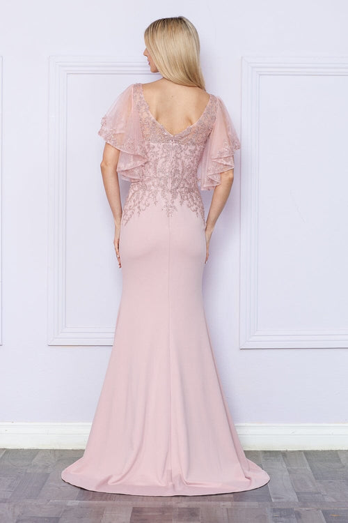 Poly USA 9318 Fitted Embroidered Short Sleeve Gown