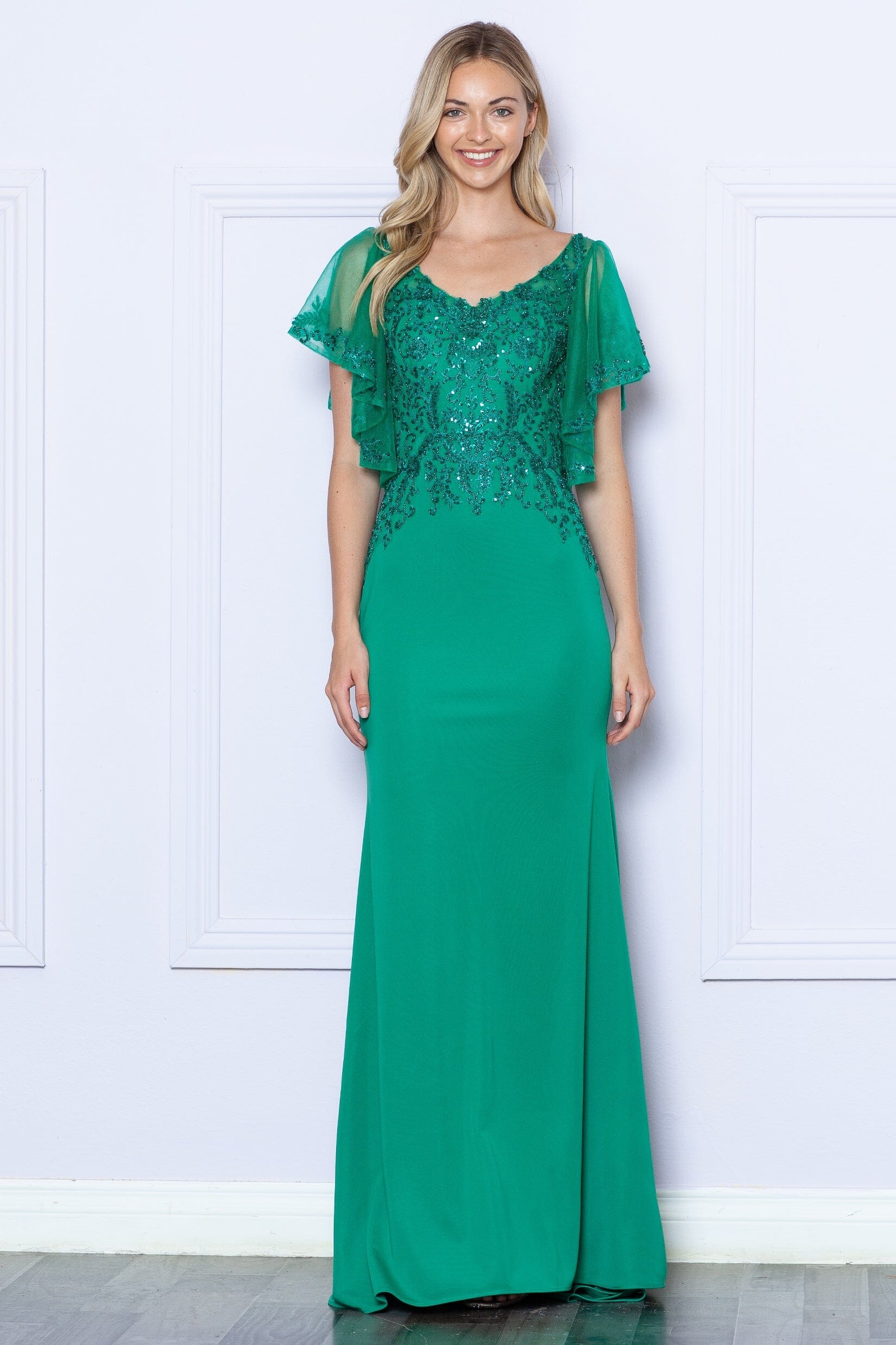 Poly USA 9318 Fitted Embroidered Short Sleeve Gown