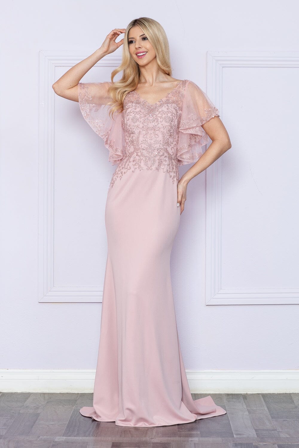 Poly USA 9318 Fitted Embroidered Short Sleeve Gown