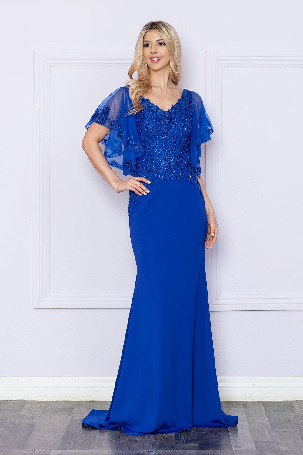 Poly USA 9318 Fitted Embroidered Short Sleeve Gown