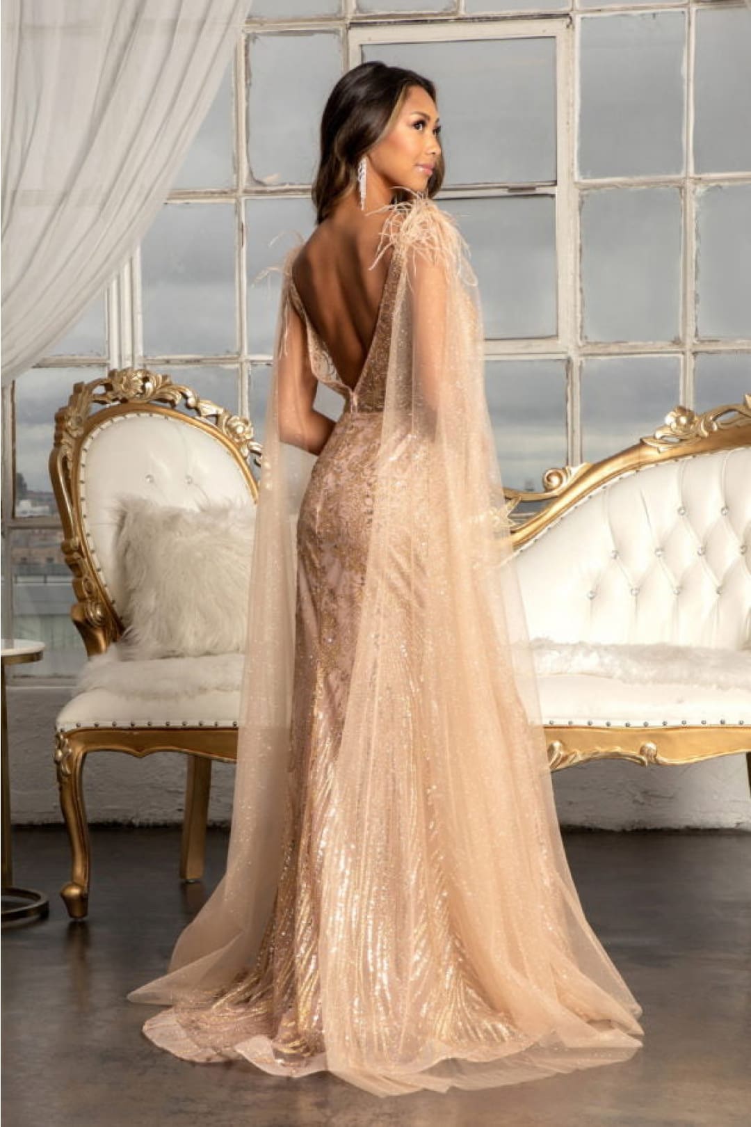 Fitted Glitter Cape Sleeve Gown by Elizabeth K GL3047 - Long Formal Dresses