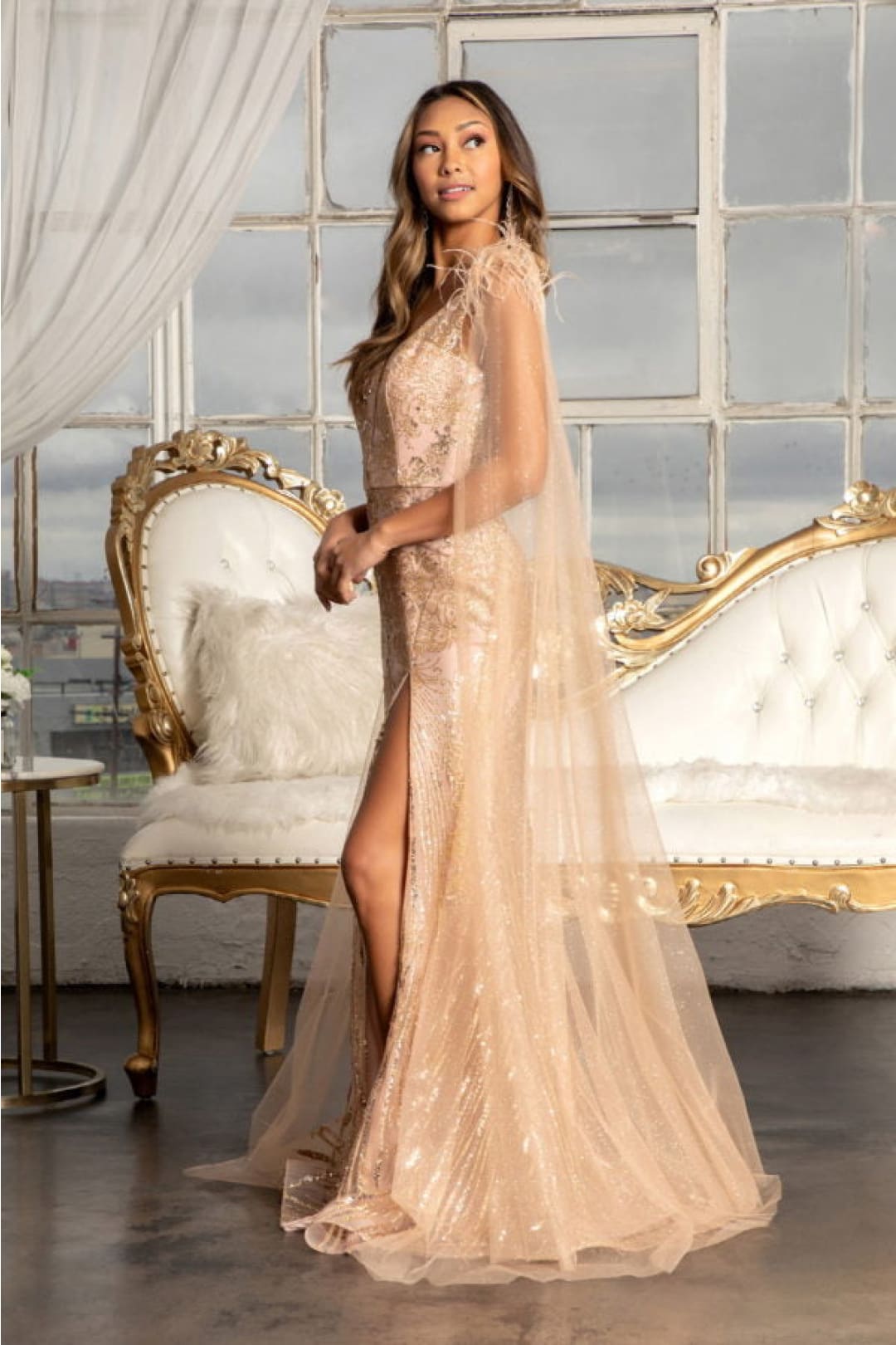 Fitted Glitter Cape Sleeve Gown by Elizabeth K GL3047 - Long Formal Dresses