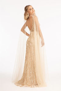 Fitted Glitter Cape Sleeve Gown by Elizabeth K GL3047 - Long Formal Dresses