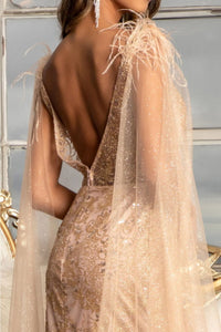 Fitted Glitter Cape Sleeve Gown by Elizabeth K GL3047 - Long Formal Dresses