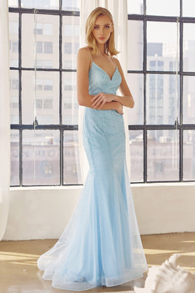 Juliet 271 Fitted Glitter Mesh V-Neck Gown with Sleeveless v-neck open back glittering dress