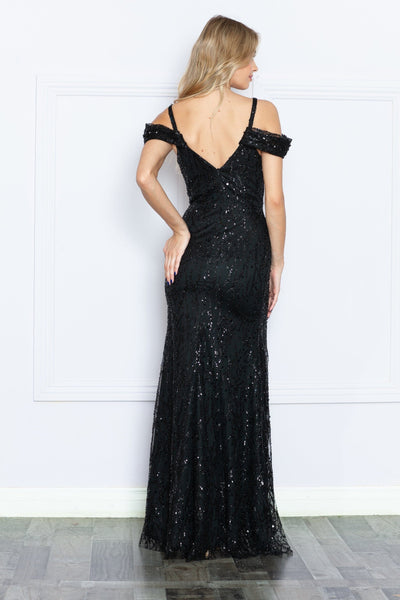 Poly USA 9384 Fitted Glitter Print Cold Shoulder Slit Gown