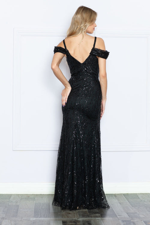 Poly USA 9384 Fitted Glitter Print Cold Shoulder Slit Gown