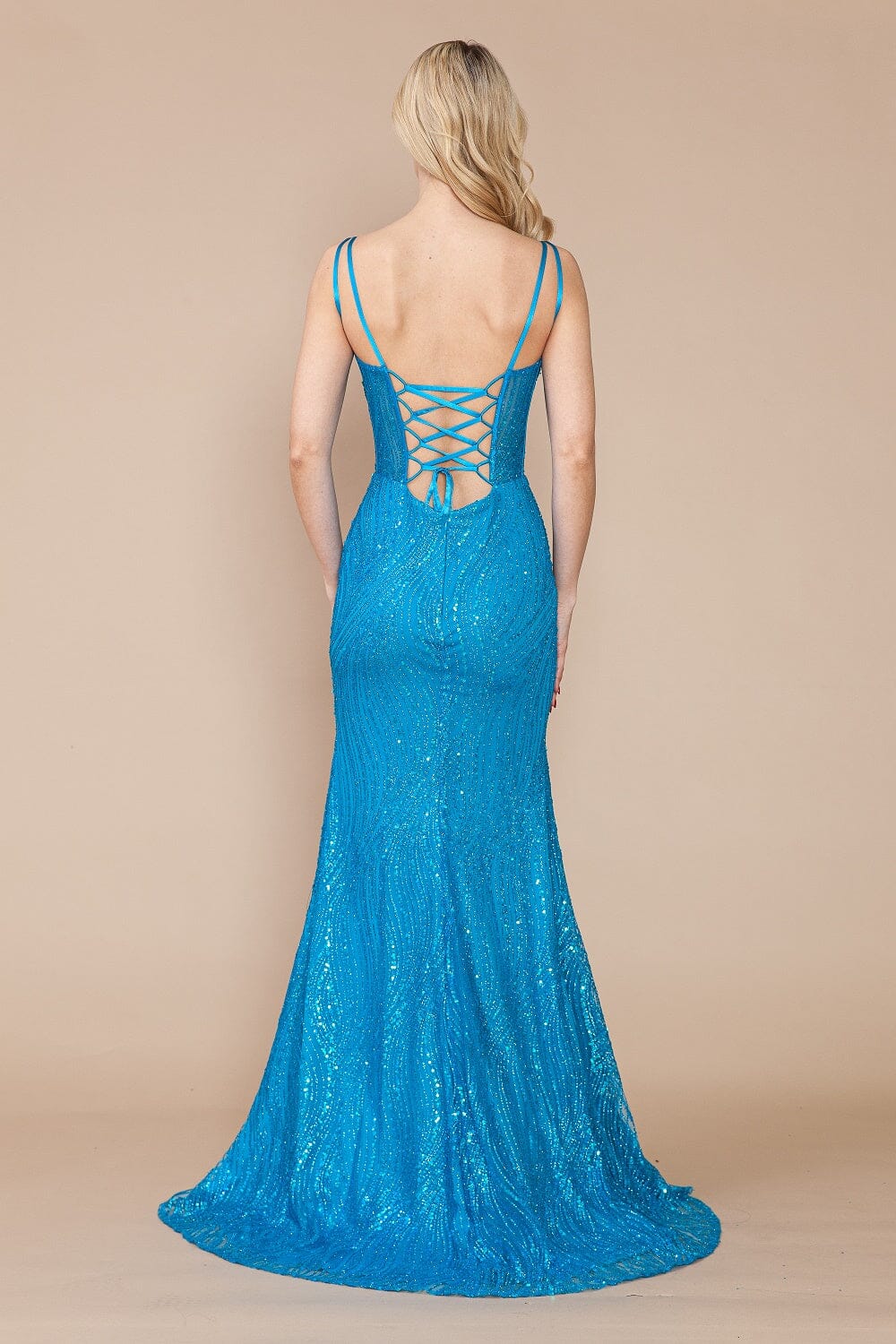 Vestido ajustado con abertura y corsé transparente con estampado de purpurina de Poly USA 9400