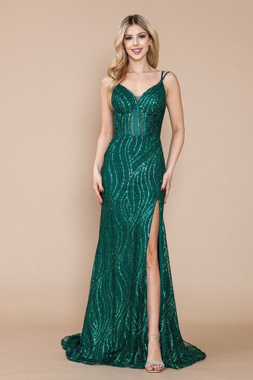 Poly USA 9400 Fitted Glitter Print Sheer Corset Slit Gown