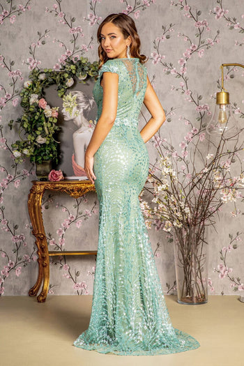 Fitted Glitter Print Short Sleeve Gown by GLS Gloria GL3414 - Long Formal Dresses