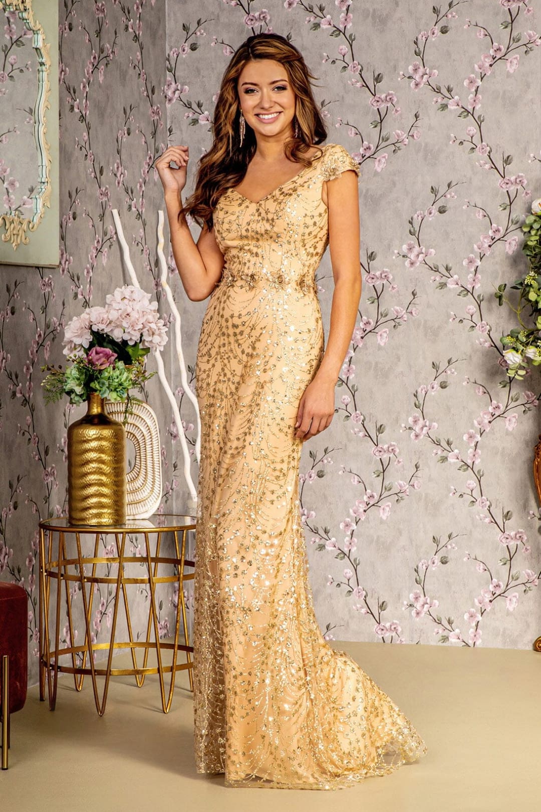 Fitted Glitter Print Short Sleeve Gown by GLS Gloria GL3414 - S / Champagne - Long Formal Dresses