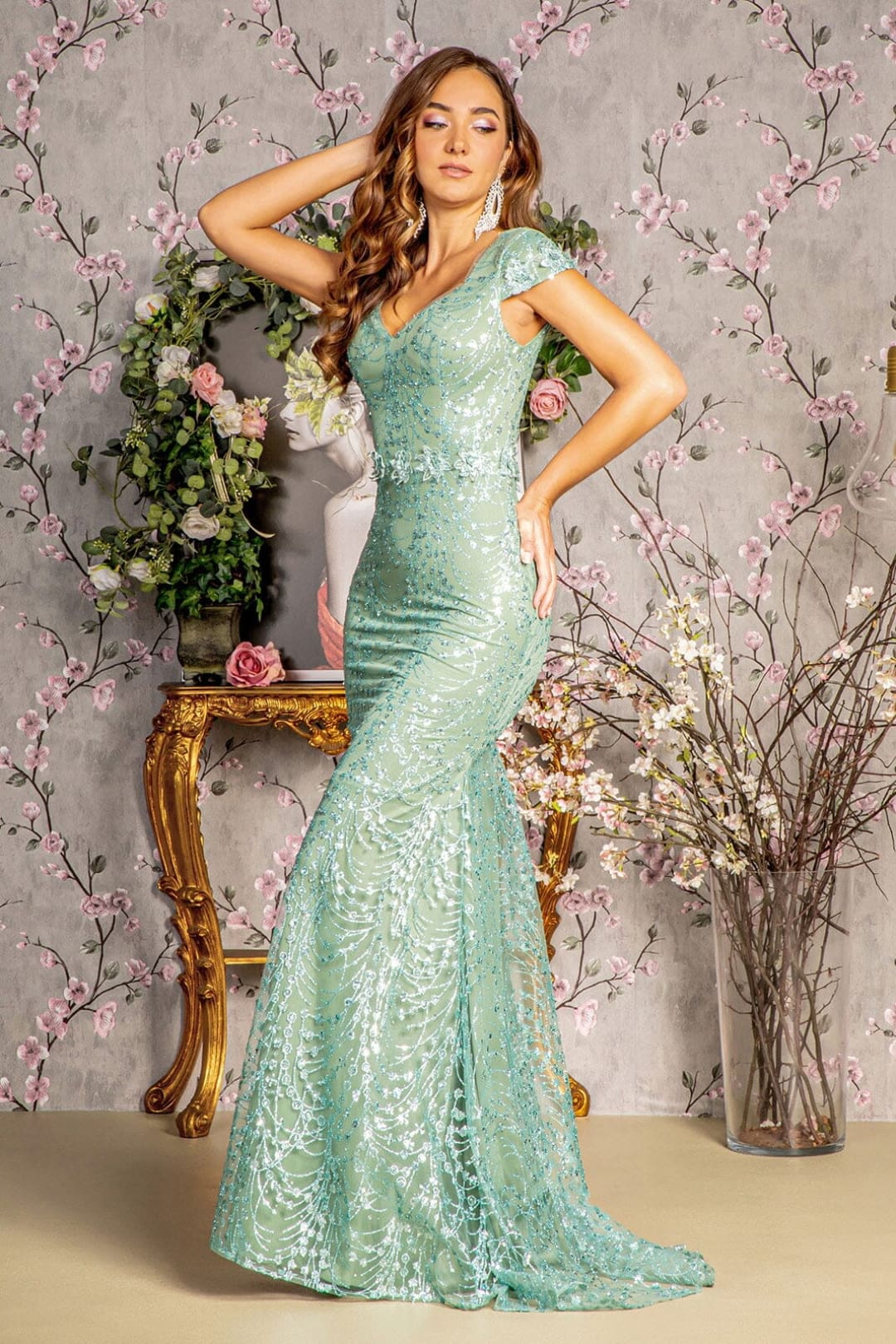 Fitted Glitter Print Short Sleeve Gown by GLS Gloria GL3414 - S / Sage - Long Formal Dresses