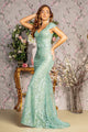 Fitted Glitter Print Short Sleeve Gown by GLS Gloria GL3414 - S / Sage - Long Formal Dresses