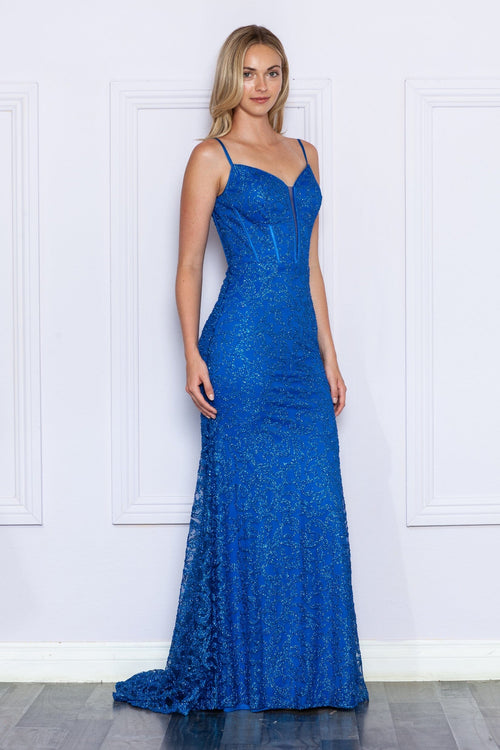 Poly USA 9354 Fitted Glitter Print Sleeveless Corset Gown