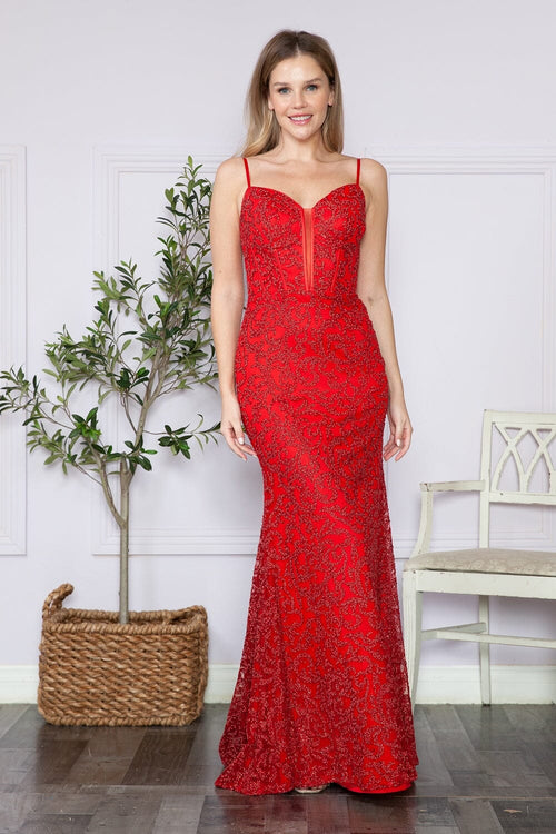 Poly USA 9354 Fitted Glitter Print Sleeveless Corset Gown