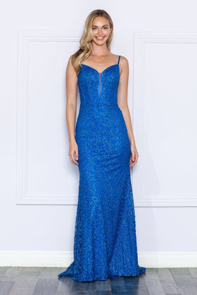 Poly USA 9354 Fitted Glitter Print Sleeveless Corset Gown