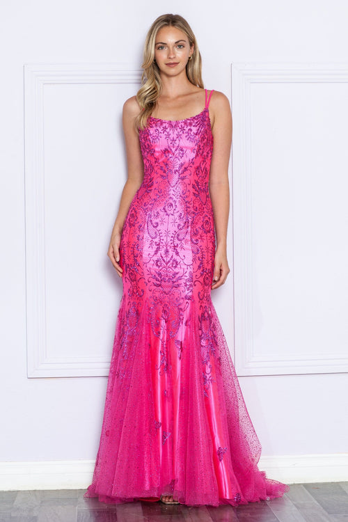 Poly USA 9306 Fitted Glitter Print Sleeveless Gown