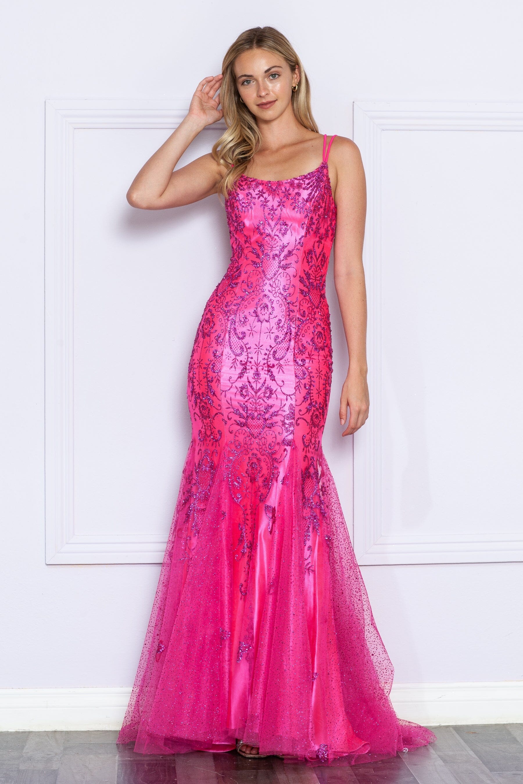 Poly USA 9306 Fitted Glitter Print Sleeveless Gown