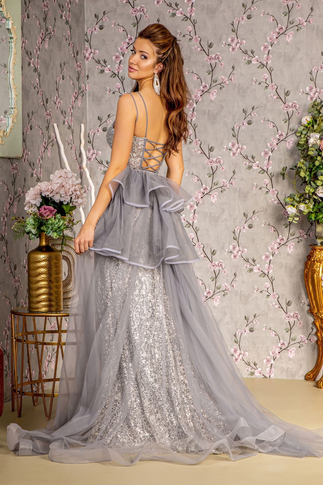 Fitted Glitter Sleeveless Overskirt Slit Gown by GLS Gloria GL3273 - Long Formal Dresses
