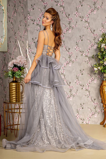 Fitted Glitter Sleeveless Overskirt Slit Gown by GLS Gloria GL3273 - Long Formal Dresses