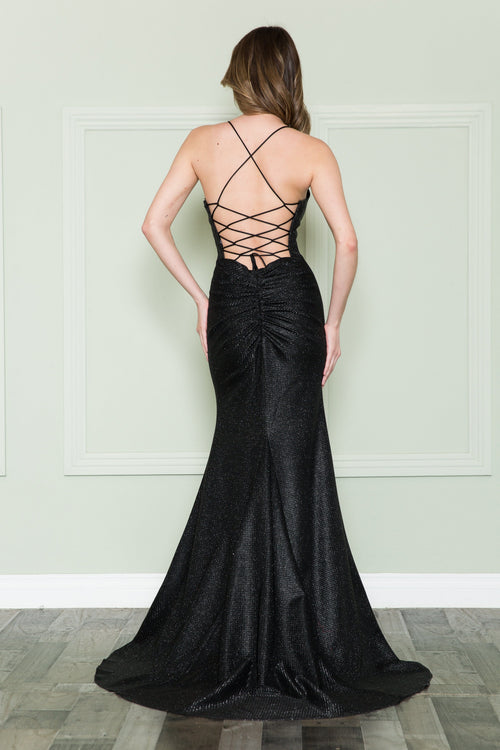 Poly USA 8878 Fitted Lace-Up Back Glitter Gown
