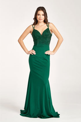Fitted Lace-Up Rhinestone Gown by Elizabeth KGL3036