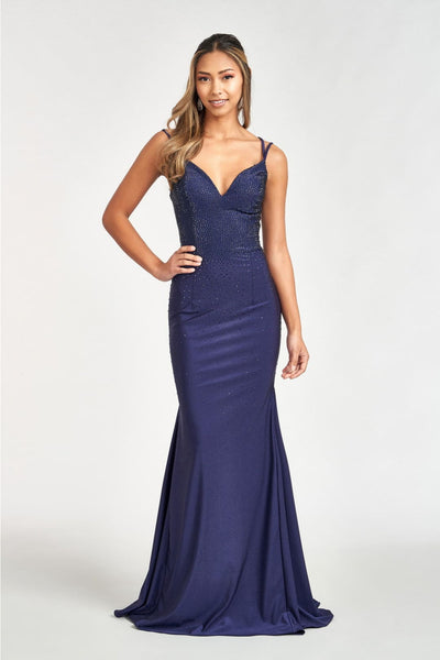 Fitted Lace-Up Rhinestone Gown by Elizabeth K GL3036 - XS / Navy - Long Formal Dresses