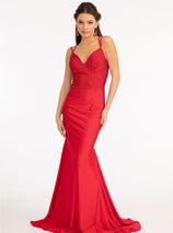 Fitted Lace-Up Rhinestone Gown by Elizabeth K GL3036