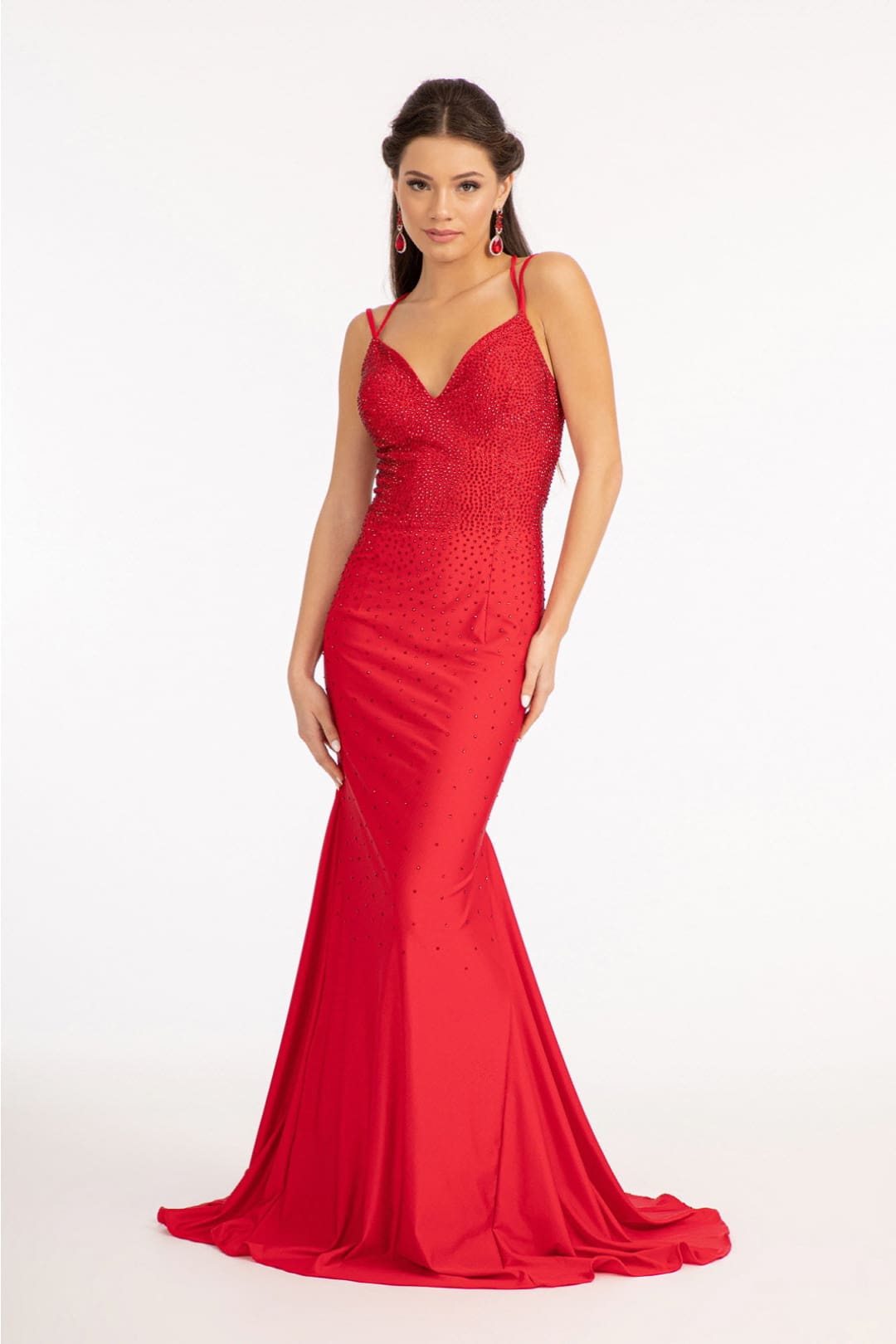 Fitted Lace-Up Rhinestone Gown by Elizabeth K GL3036 - XS / Red - Long Formal Dresses