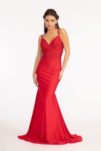 Fitted Lace-Up Rhinestone Gown by Elizabeth K GL3036 - XS / Red - Long Formal Dresses