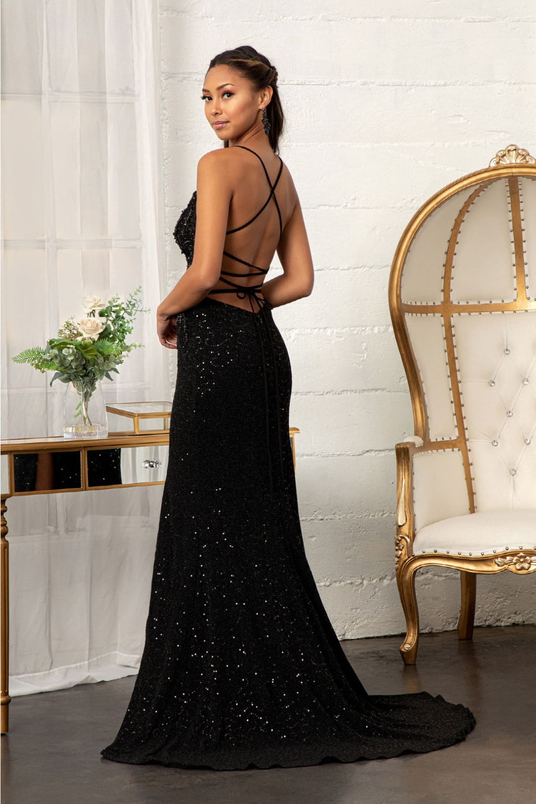 Fitted Lace-Up Sequin Gown by Elizabeth K GL3006 - Long Formal Dresses