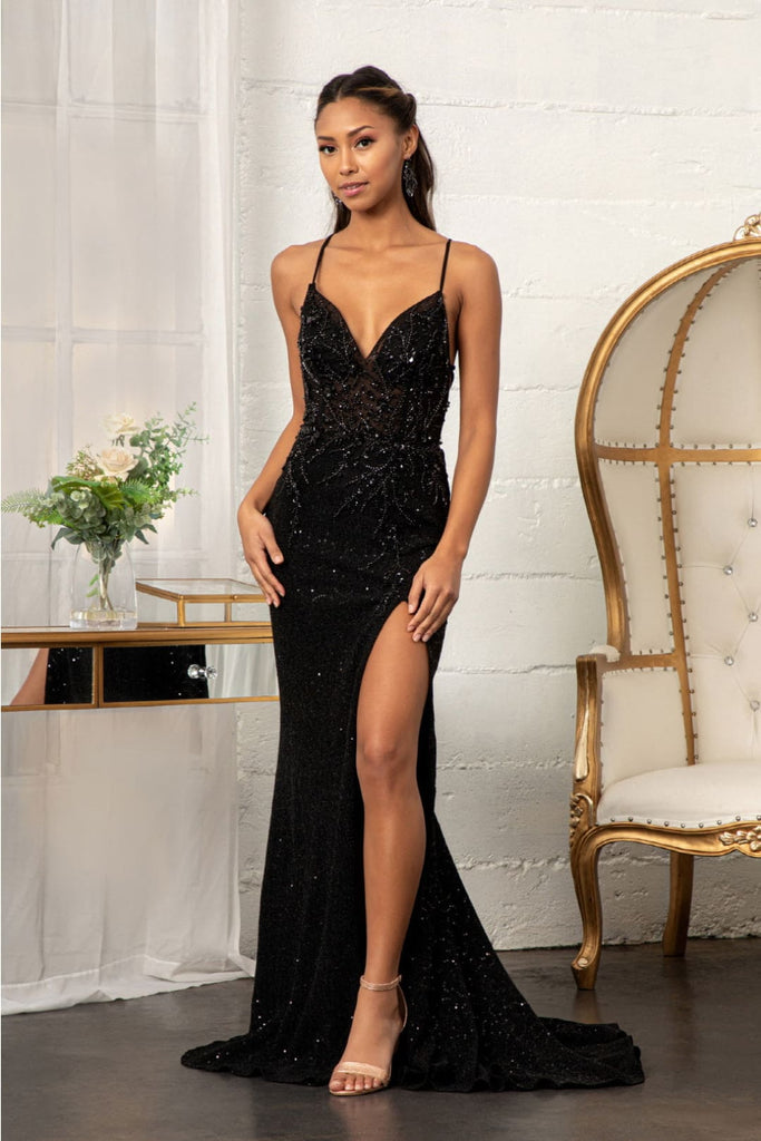 Fitted Lace-Up Sequin Gown by Elizabeth K GL3006 - XS / Black - Long Formal Dresses