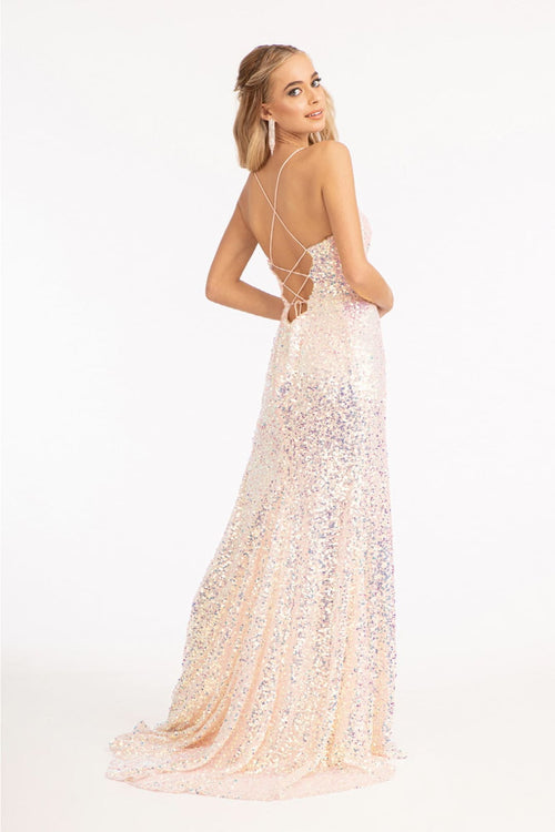 Fitted Lace-Up Sequin Gown by Elizabeth K GL3051 - Long Formal Dresses