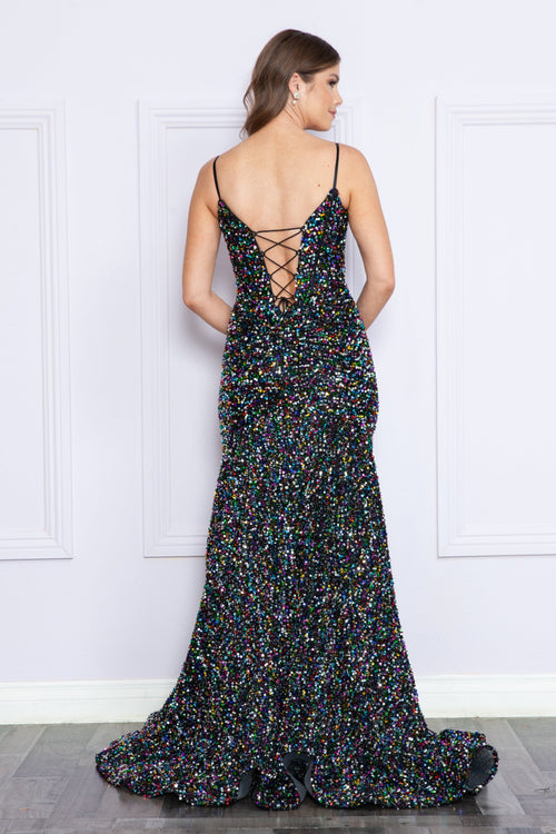 Poly USA 9172 Fitted Lace Up Sequin Gown