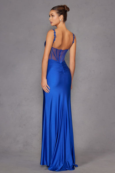 Fitted Long Cowl Neck Slit Dress by Juliet JT2518I - Long Formal Dresses