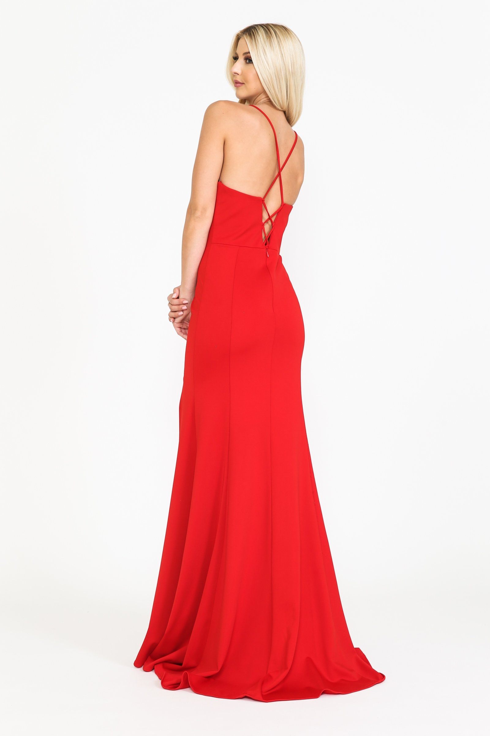 Poly USA 8360 Fitted Long Deep V-Neck Dress with Slit