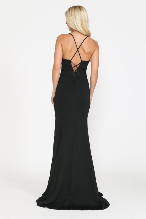 Poly USA 8360 Fitted Long Deep V-Neck Dress with Slit