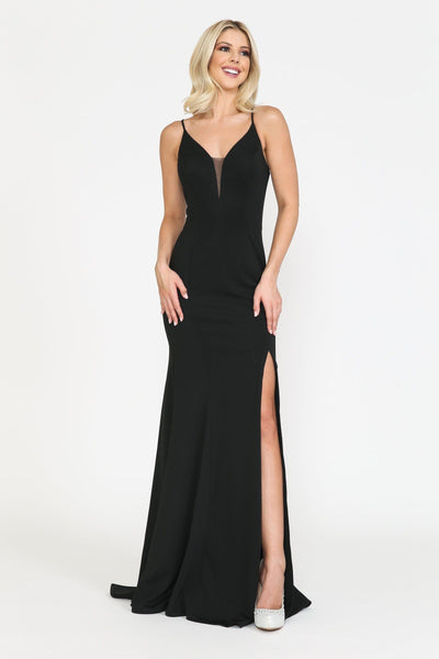 Poly USA 8360 Fitted Long Deep V-Neck Dress with Slit