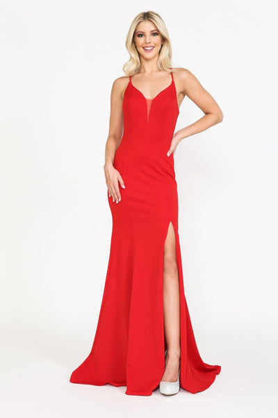 Poly USA 8360 Fitted Long Deep V-Neck Dress with Slit