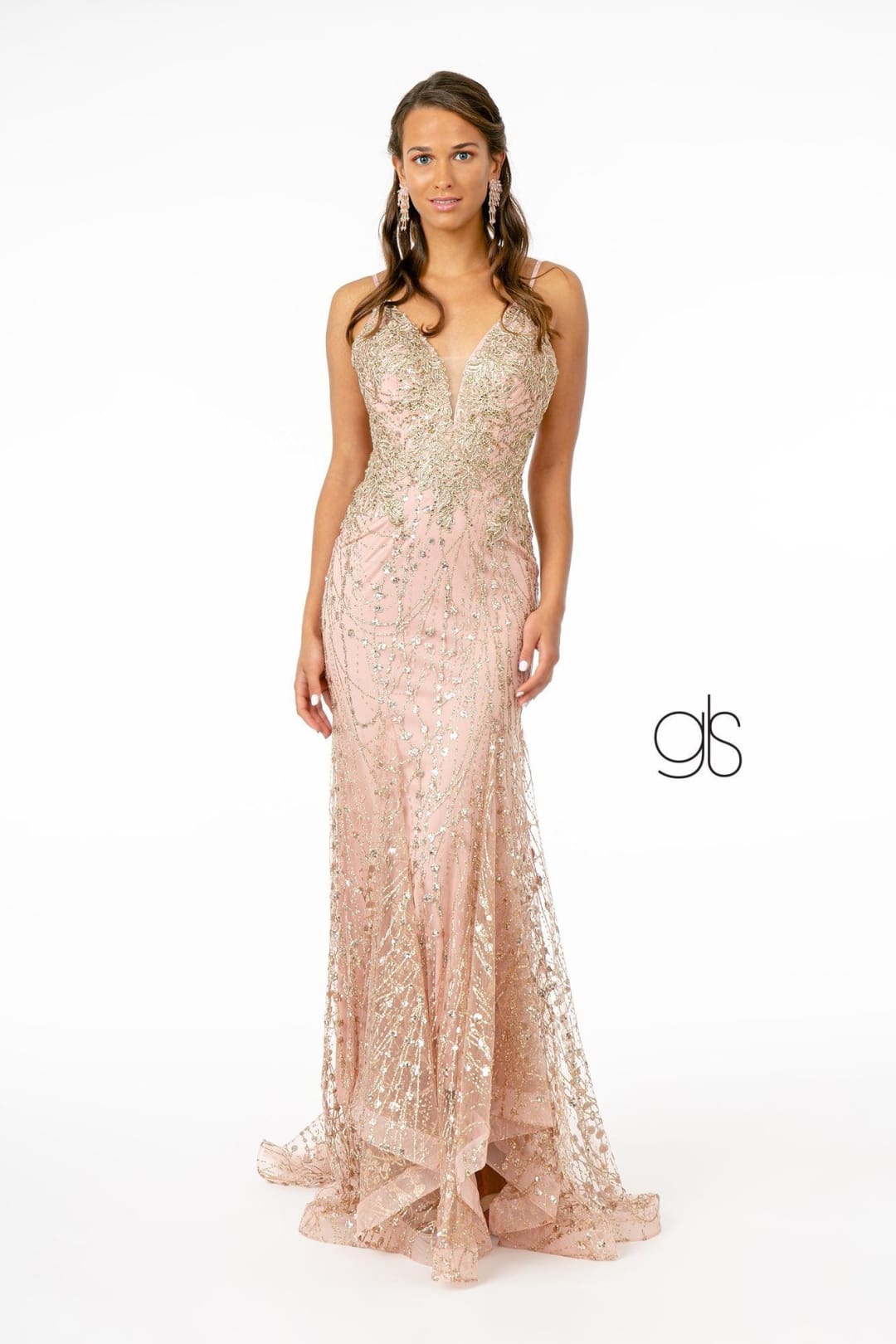 Fitted Long Glitter Dress with Corset Back by Elizabeth K GL2938 - S / Rose Gold - Long Formal Dresses