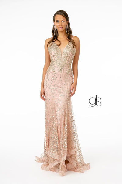 Fitted Long Glitter Dress with Corset Back by Elizabeth K GL2938 - S / Rose Gold - Long Formal Dresses