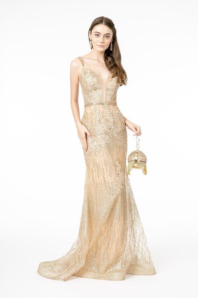 Fitted Long Glitter Print Dress by Elizabeth K GL2889 - XS / Champagne - Long Formal Dresses