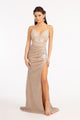 Fitted Long Glitter Slit Dress by Elizabeth K GL3030 - XS / Champagne - Long Formal Dresses