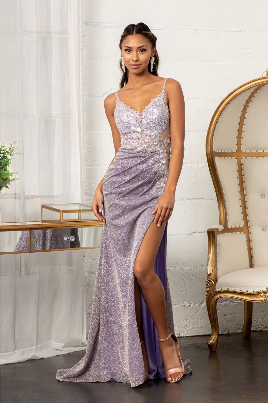 Fitted Long Glitter Slit Dress by Elizabeth K GL3030 - XS / Lilac - Long Formal Dresses