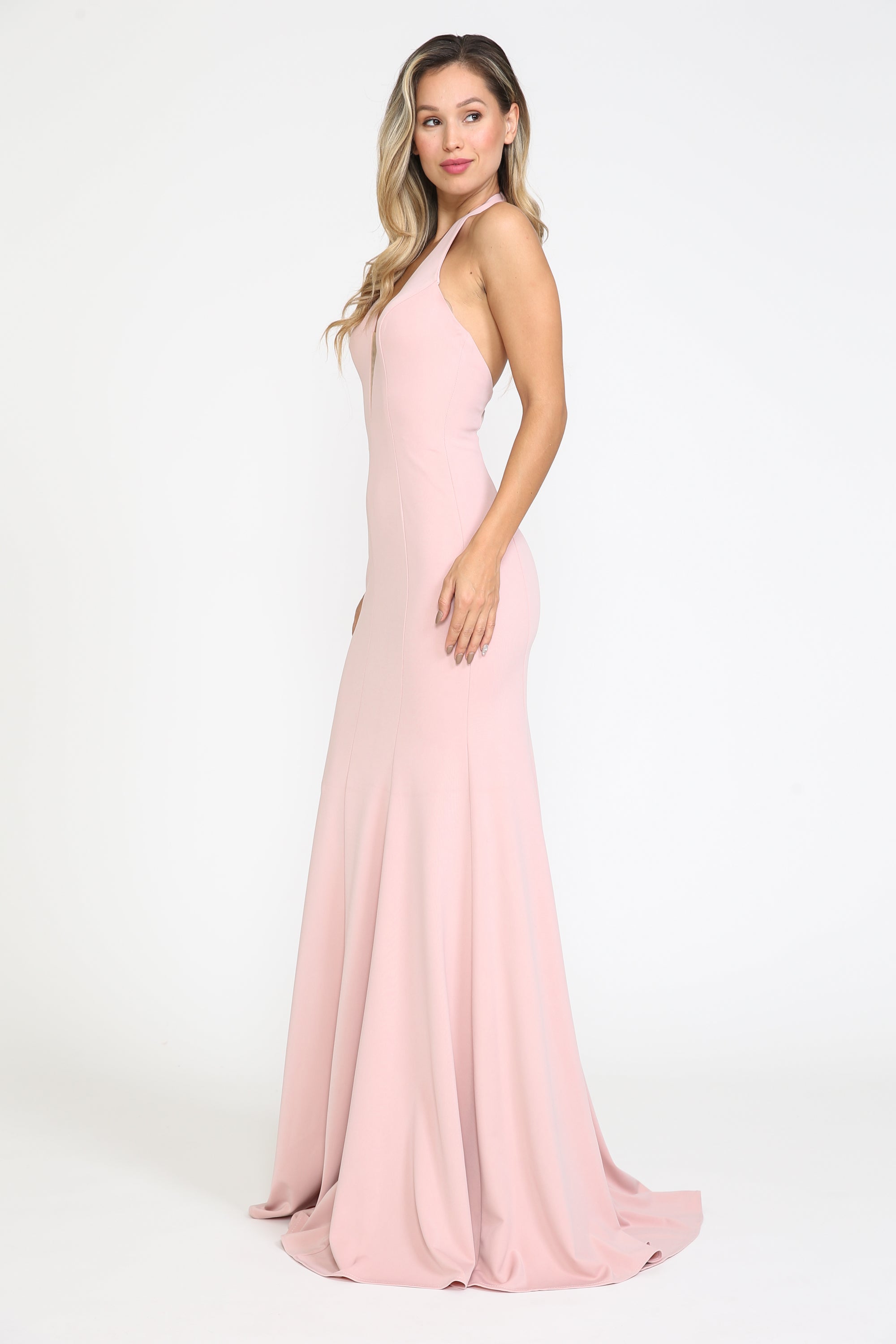 Vestido largo ajustado de jersey con cuello halter de Poly USA 8262