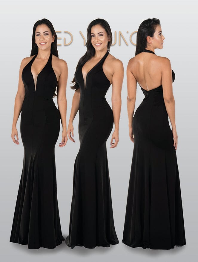 Vestido largo ajustado de jersey con cuello halter de Poly USA 8262