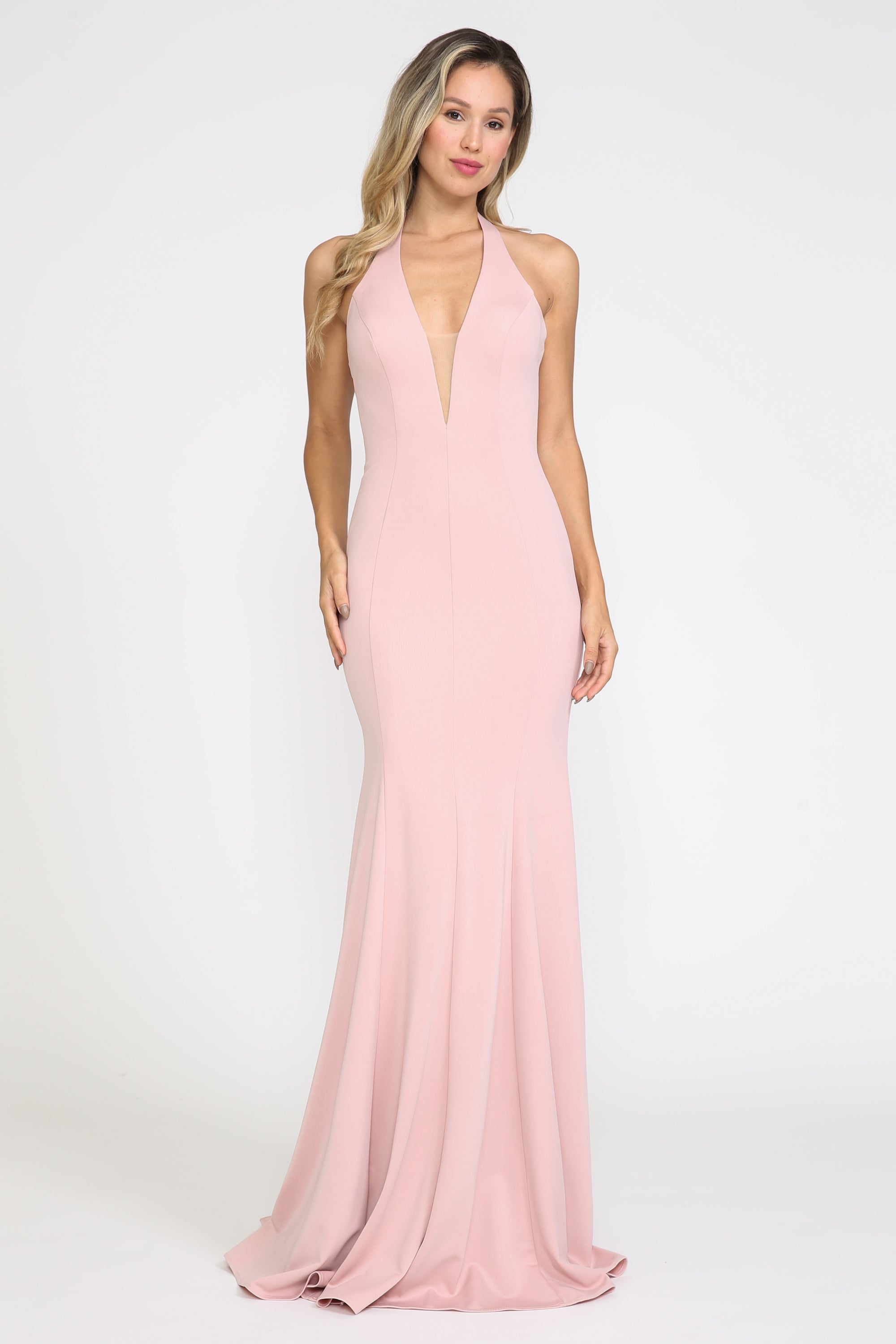 Vestido largo ajustado de jersey con cuello halter de Poly USA 8262
