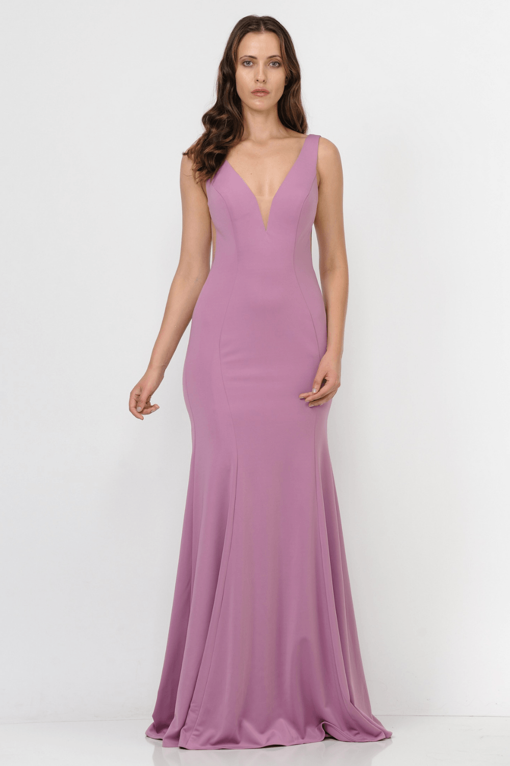 Vestido largo ajustado de jersey con cuello en V de Poly USA 8158