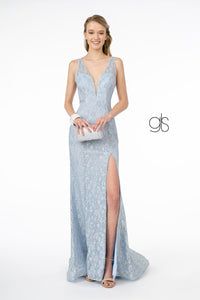 Fitted Long Metallic Floral Lace Dress by Elizabeth K GL2898 - S / Blue - Long Formal Dresses